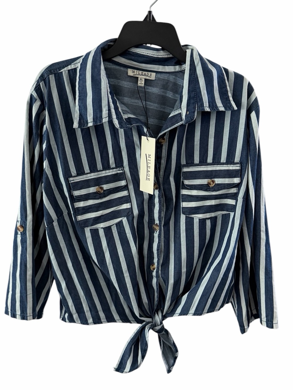 Mileage Blue & White Striped Tie-Front Button Down Shirt
